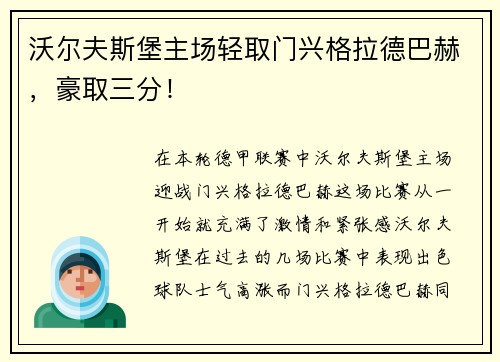 沃尔夫斯堡主场轻取门兴格拉德巴赫，豪取三分！