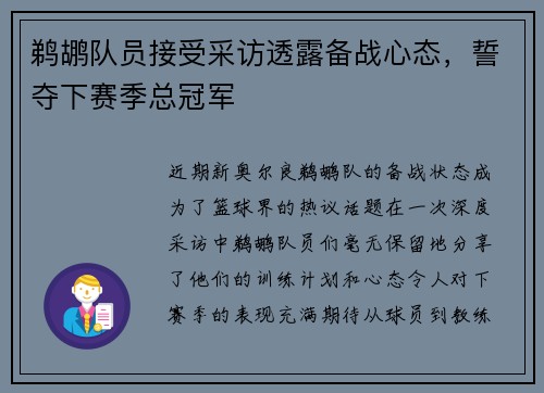 鹈鹕队员接受采访透露备战心态，誓夺下赛季总冠军