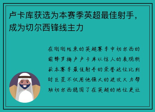 卢卡库获选为本赛季英超最佳射手，成为切尔西锋线主力