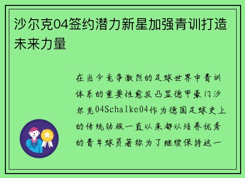 沙尔克04签约潜力新星加强青训打造未来力量
